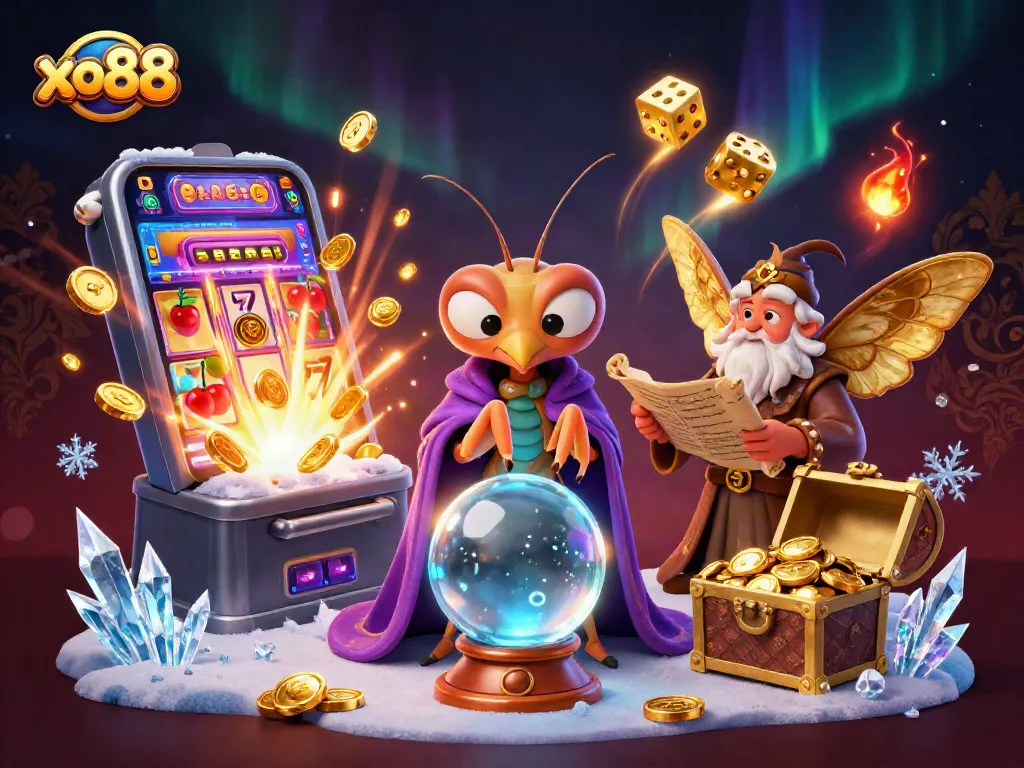 Experience thrilling gameplay at xo88 with a lively scene featuring fortune tellers, slots, and vibrant casino elements.