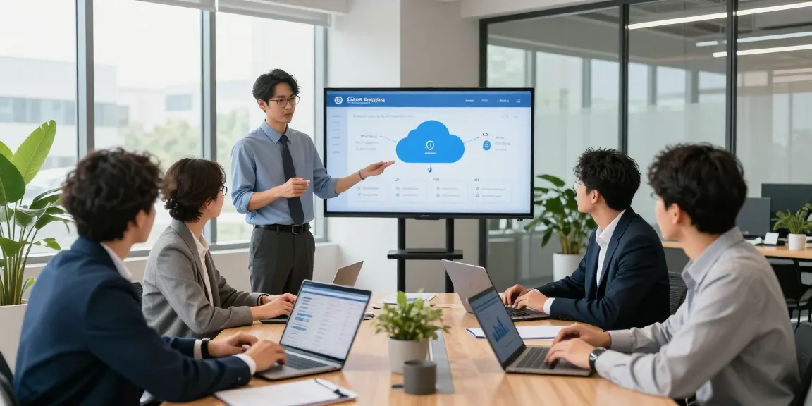 Team discussing a cloud based phone system in a modern office setting, showcasing collaborative technology and solutions.