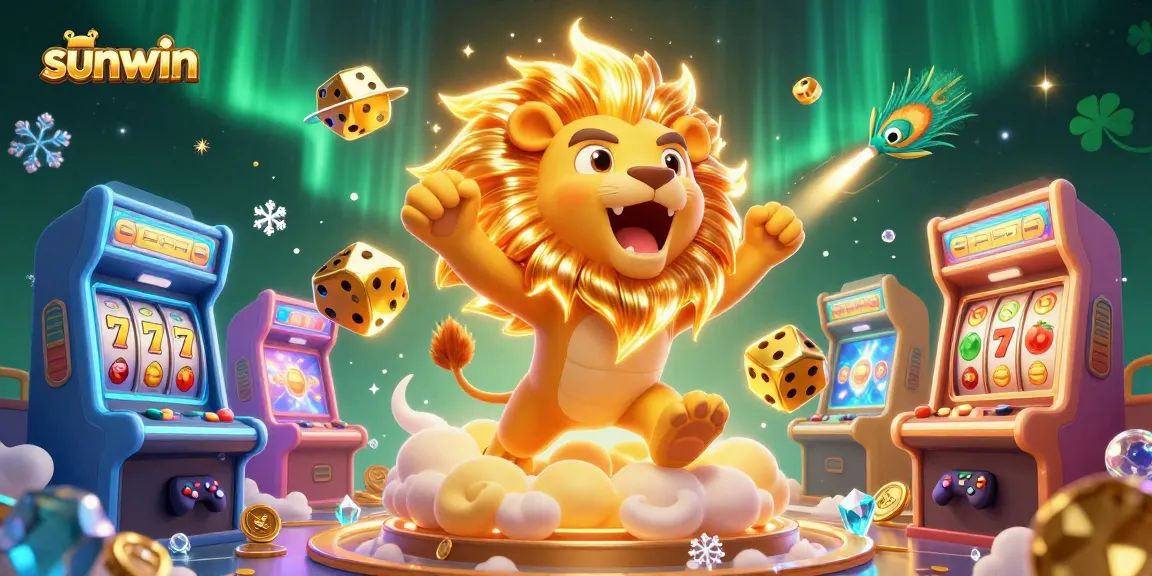 Play exciting games with sunwin, featuring a roaring sun lion surrounded by dynamic casino elements.