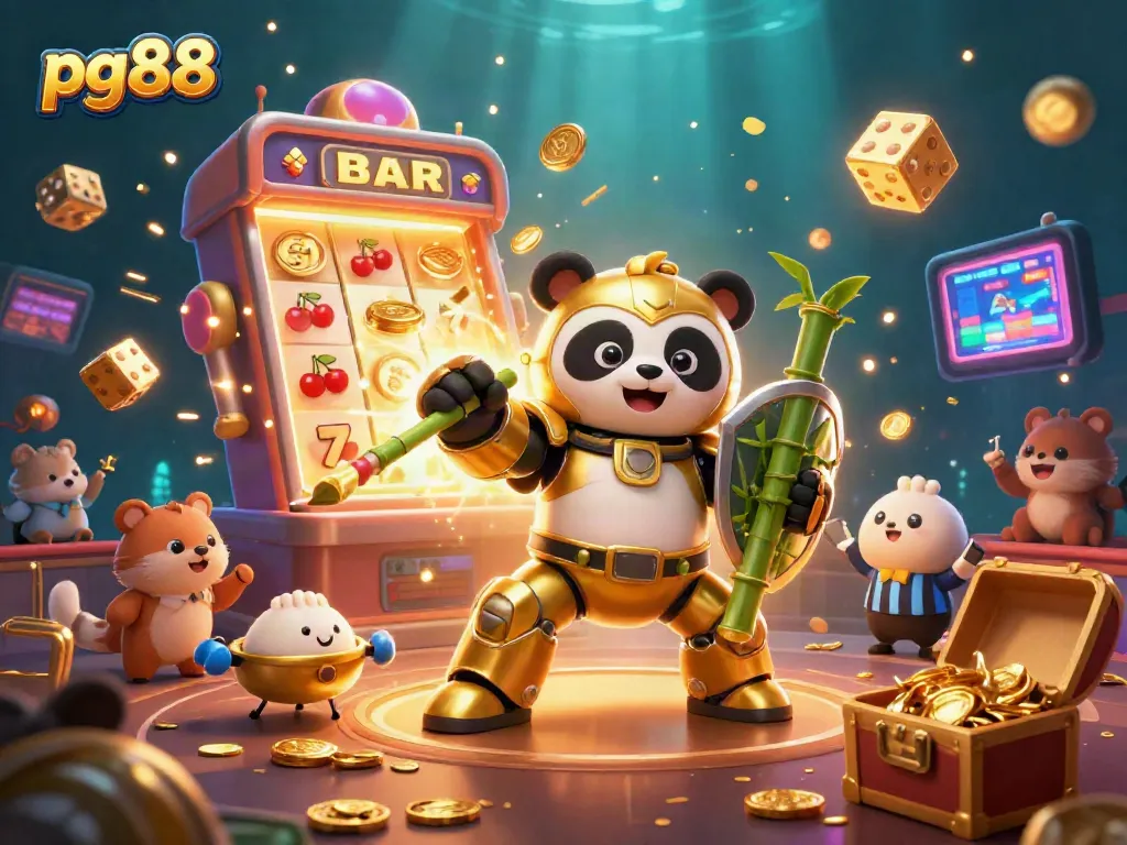 Win big at pg88 with a golden panda piloting a vibrant casino robot amid a jackpot explosion.