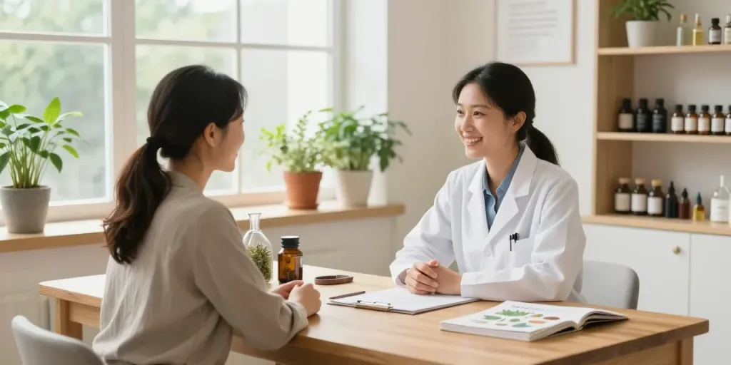Naturopath Surrey consultation in a wellness clinic with a practitioner and client discussing holistic health.