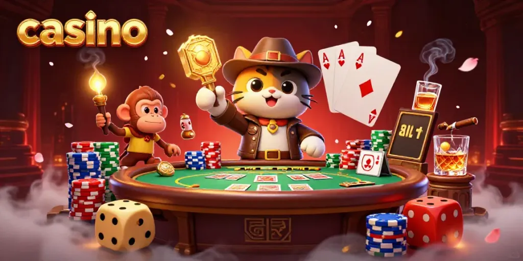 Discover casino treasures with our archaeologist and monkey amidst vibrant gaming elements.