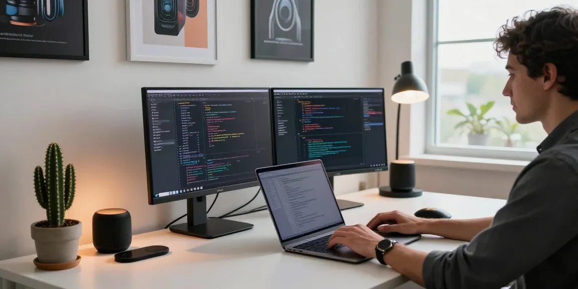 Professional using M5 MacBook in modern tech workspace with monitors and gadgets.