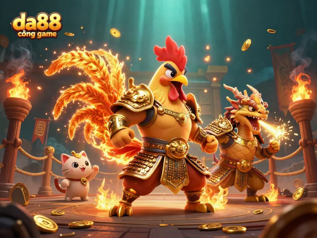 Engage in the thrilling da88 cổng game with 3D warriors and vibrant casino elements in a dynamic arena.