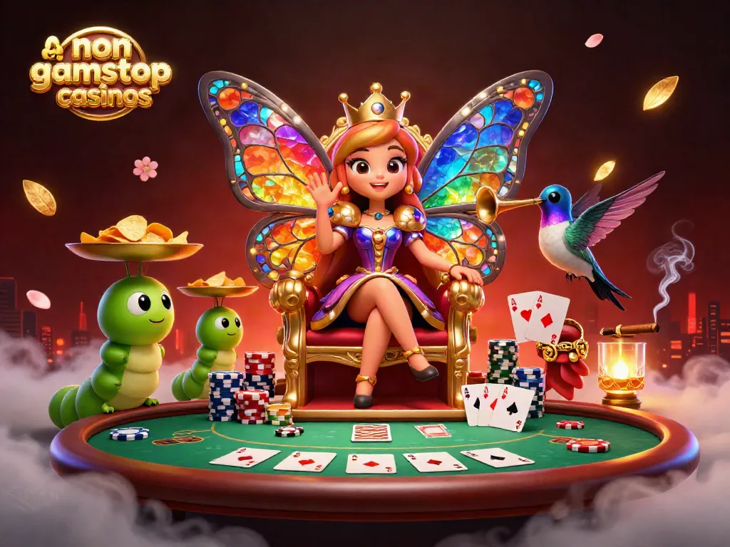 Engage in non gamstop casinos with a vibrant scene featuring a butterfly queen showcasing poker elements and rich detail.