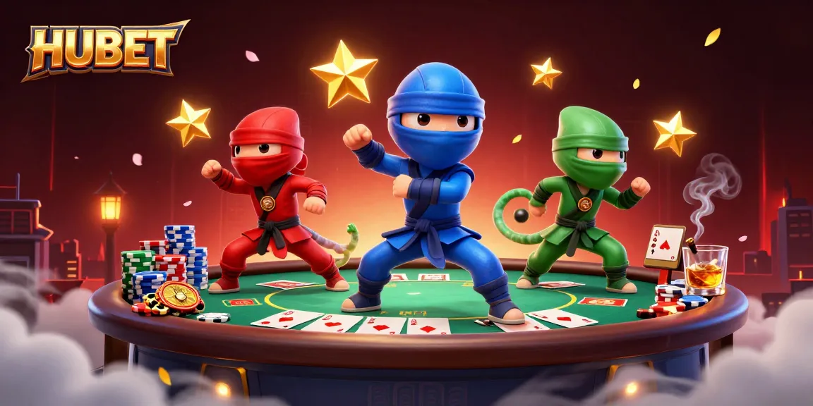Engage with HUBET and witness a dynamic scene of ninja chameleons amidst poker elements.