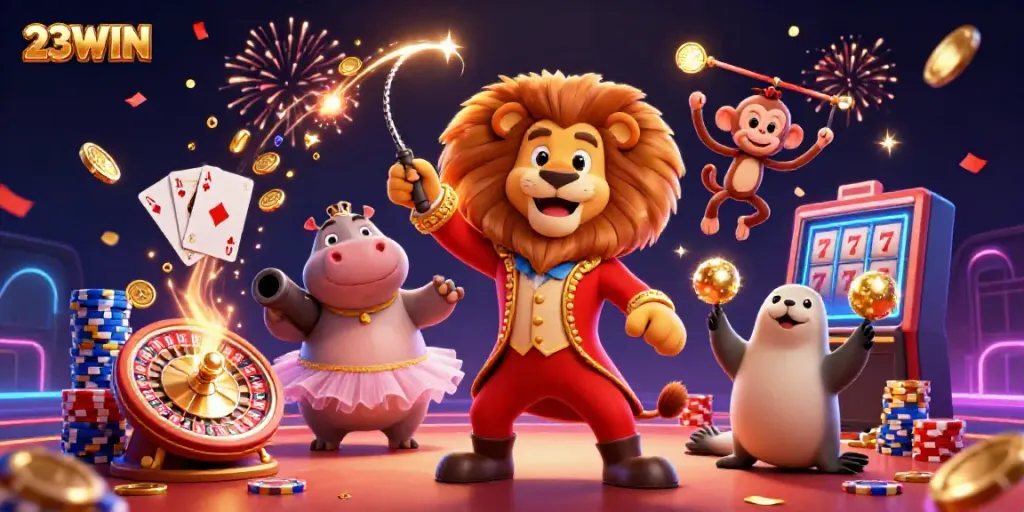Experience thrilling gameplay at 23WIN with vibrant 3D carnival characters and casino elements.