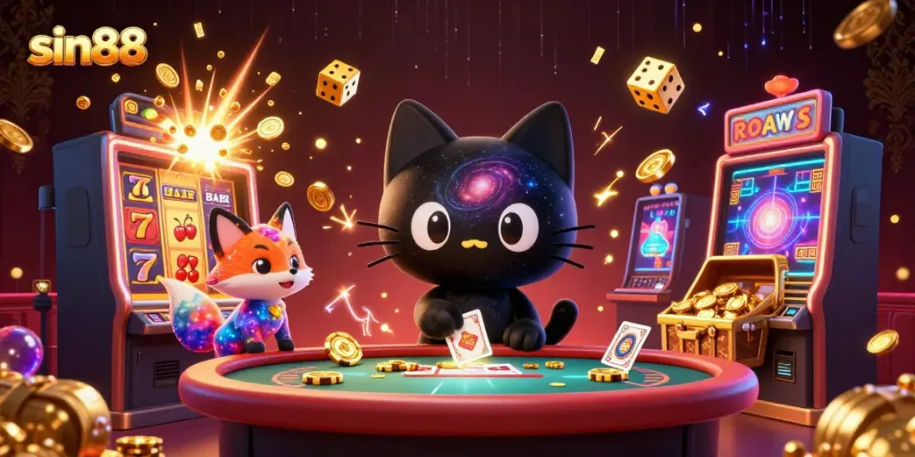 Watch sin88's cosmic casino adventures with colorful characters pulling in gold and chips.