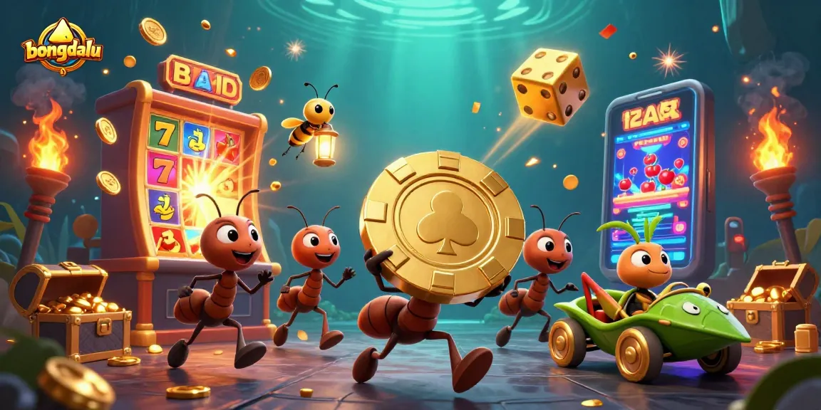 Bongdalu showcases ants heisting a giant poker chip amid exploding casino elements.