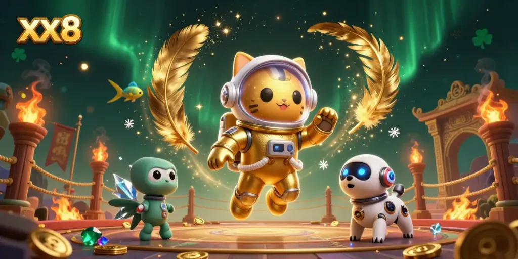 Experience thrilling gameplay with xx8 in a vibrant 3D casino-like scene featuring a whimsical astronaut cat.