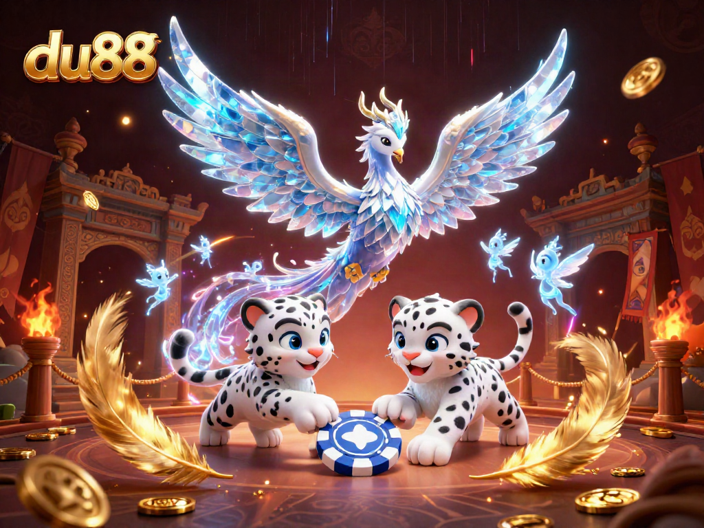 Engage with du88's vibrant casino scene featuring a magical ice phoenix and playful snow leopard.