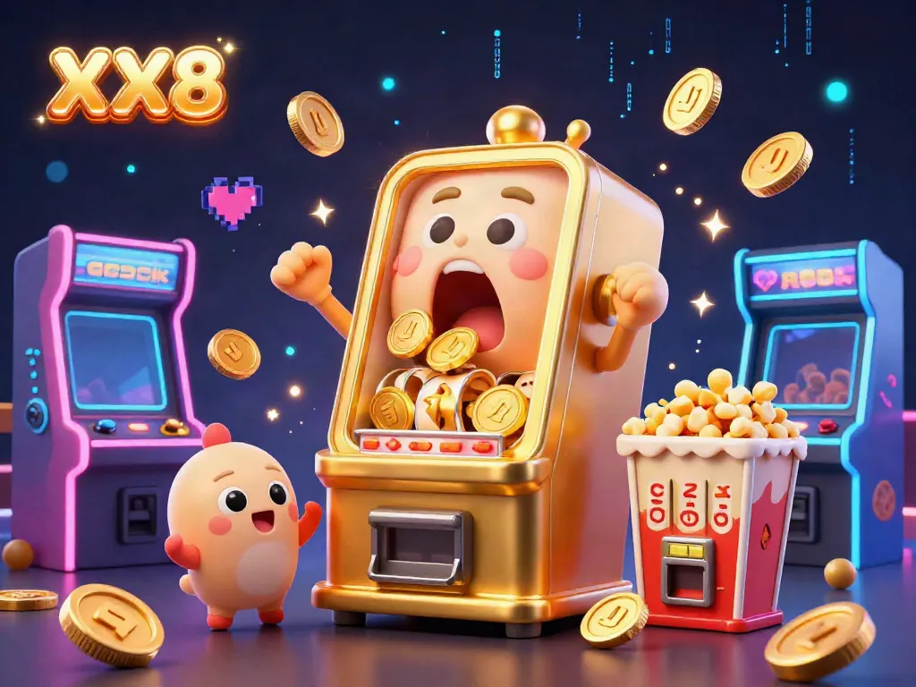 Hit the jackpot with XX8 in this vibrant casino scene featuring golden slot machines.