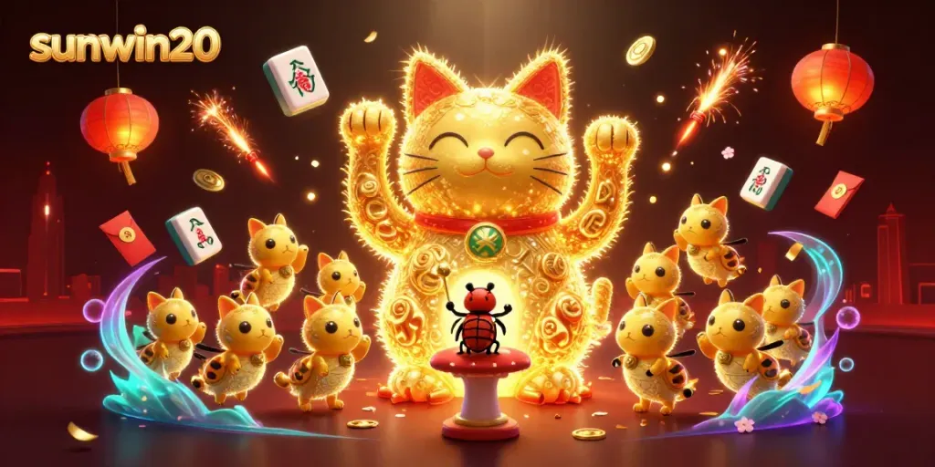Play games at sunwin20 with a dynamic scene featuring a lucky cat formed by fireflies.