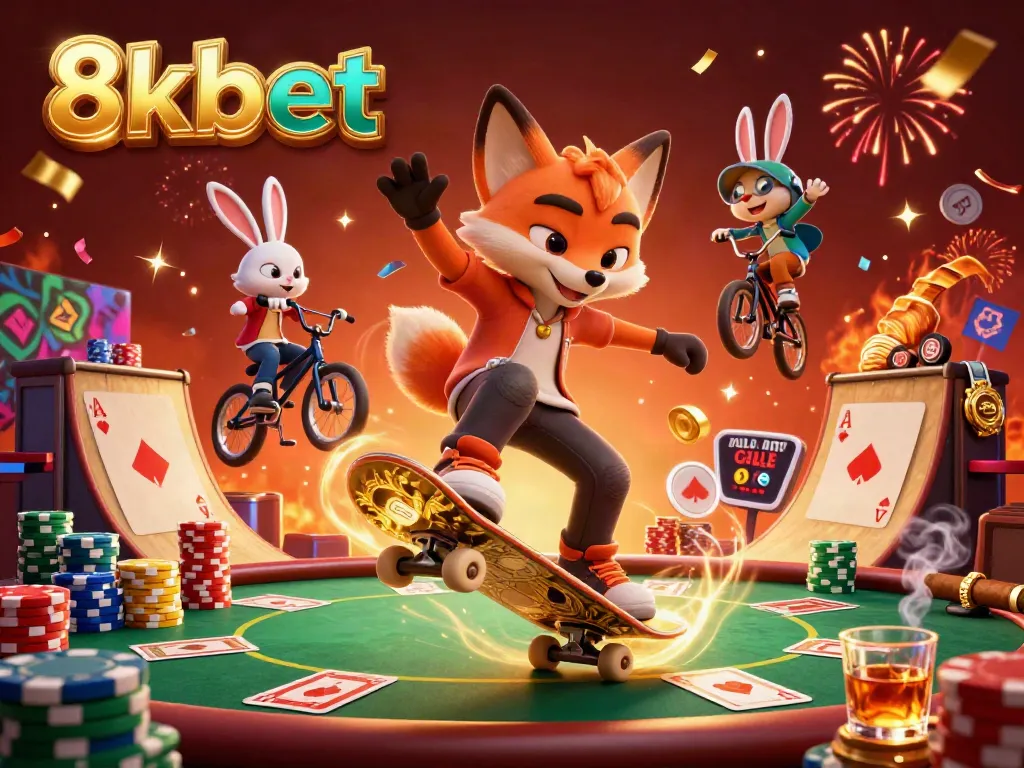 Experience thrilling action with 8xbet as a fox skater flips over poker chips in a vibrant casino scene.