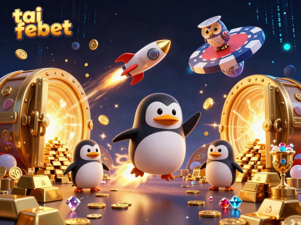 Experience thrills with the dynamic tai febet scene of a golden penguin navigating a casino galaxy.