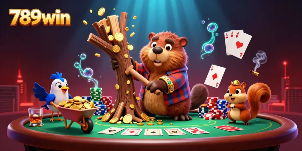 Charming scene of a beaver character celebrating winnings while collecting golden coins, representing 789win's casino games.
