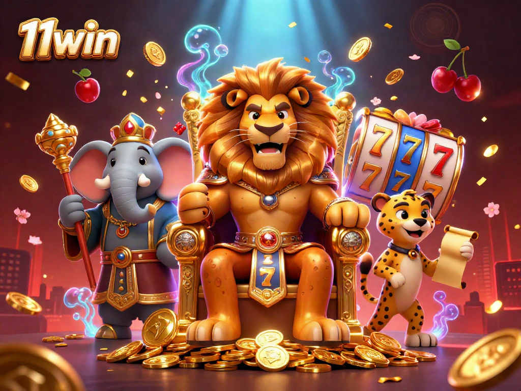 11win casino illustration featuring a lion king, elephant advisor, and cheetah messenger with slot reels.