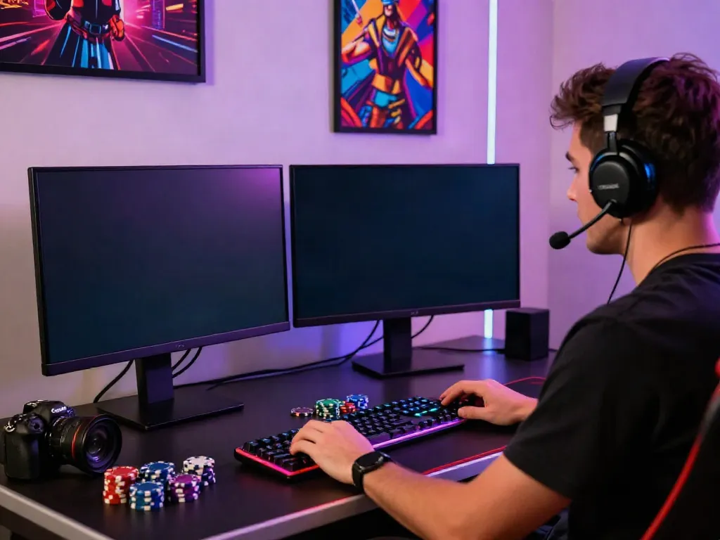 Player engaging in a live dealer game at the best non Gamstop casinos UK with vibrant lighting and gaming setup.