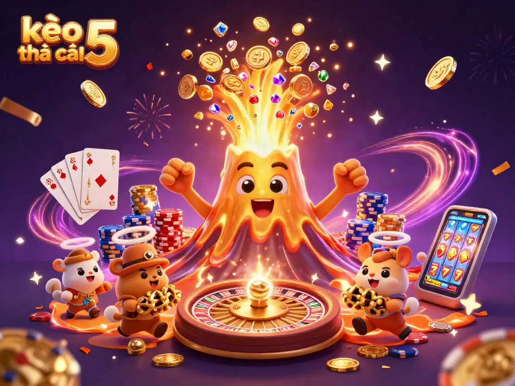 Experience kèo nhà cái 5 with an explosive celebration of coins and treasures in a thrilling casino scene.