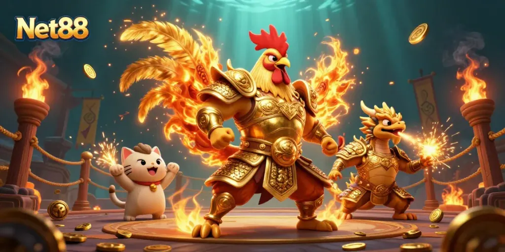 Engage in thrilling actions with Net88's colorful casino scene featuring animated warriors and mesmerizing effects.